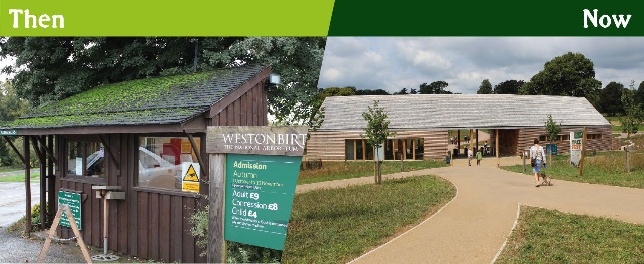 The progression from a wooden hut to the impressive Welcome Building with surrounding landscaped grass and walkways