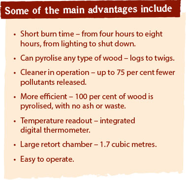 Some of the main advantages of the new Silk Wood kiln include a short burn time, can pyrolise any type of wood, cleaner in operation, more efficient, temperature readout, large retort chamber and easy to operate.