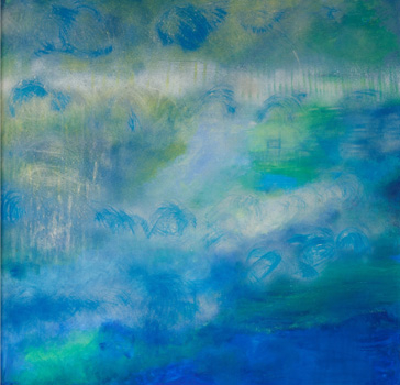 Produced by visual artist, creative consultant and exhibition curator, Zoe Partington, freely applied swirls of greens and blues cover the entire surface of this canvas, which measures approximately 1 metre square. The colours have the intensity of a peacock’s feathers, overpainted with chalky white, moving down to a dark patch of cobalt blue in the lower right-hand corner, so that the lighter colours above appear to hover. Traces of textured brushwork whip up the surface, scratched with fine lines and dizzying circles. The effect is mesmeric. Zoe calls this image “Blue Mist in the Air” but it could equally be the surface of a pond dappled with lily-pads reflecting blue skies above. Credit: Zoe Partington. 