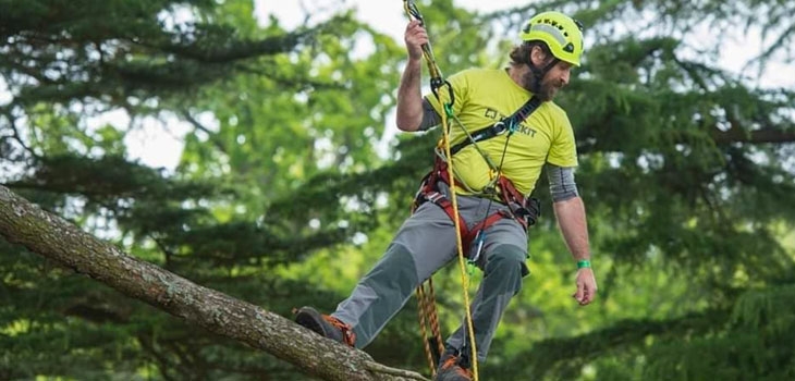 A man in a yellow shirt and green helmet climbing a tree, enjoying the thrill of nature's heights.