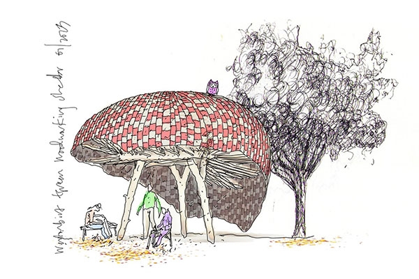 A sketch of a whimsical mushroom house with people gathered beneath it, enjoying the enchanting surroundings.