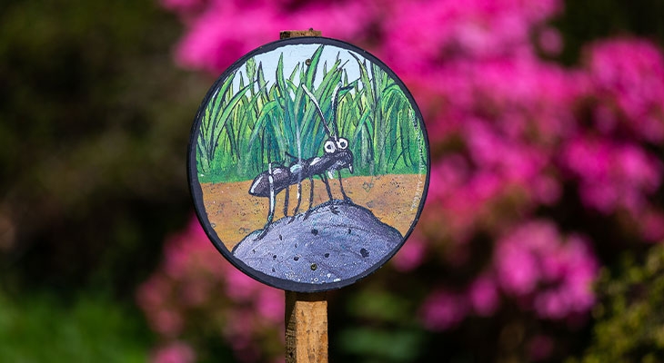 Sign with ant displayed with flowers in the background