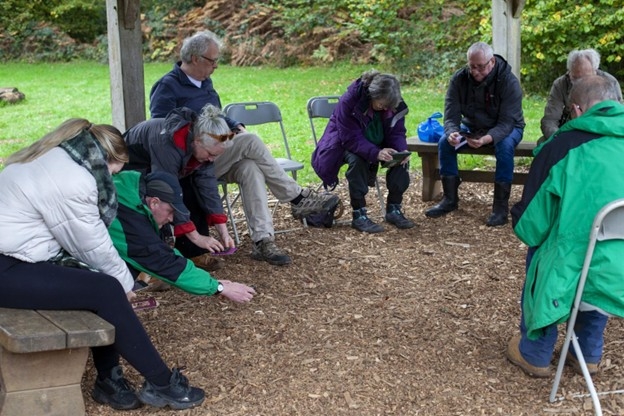 Workshop participants learning to look and really see. The most ordinary - a bit of wood chip - becomes extraordinary