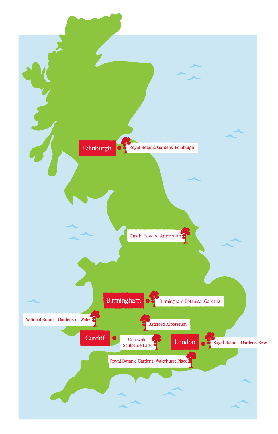 Map displaying locations of partner gardens in England, Scotland and Wales